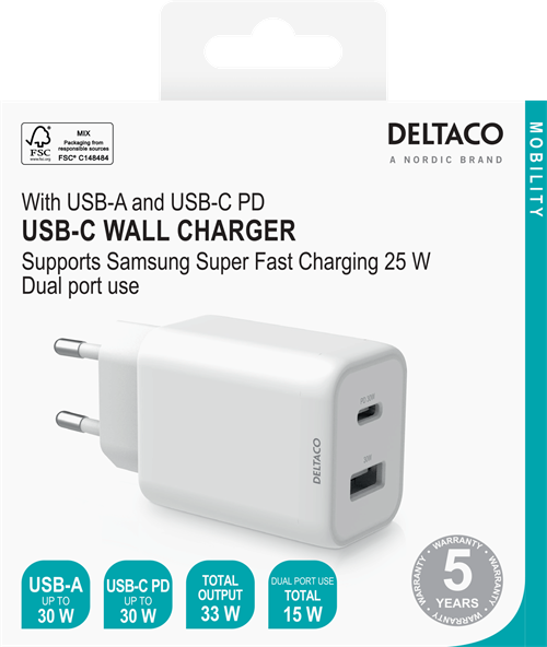 Väggladdare USB-A- och USB-C